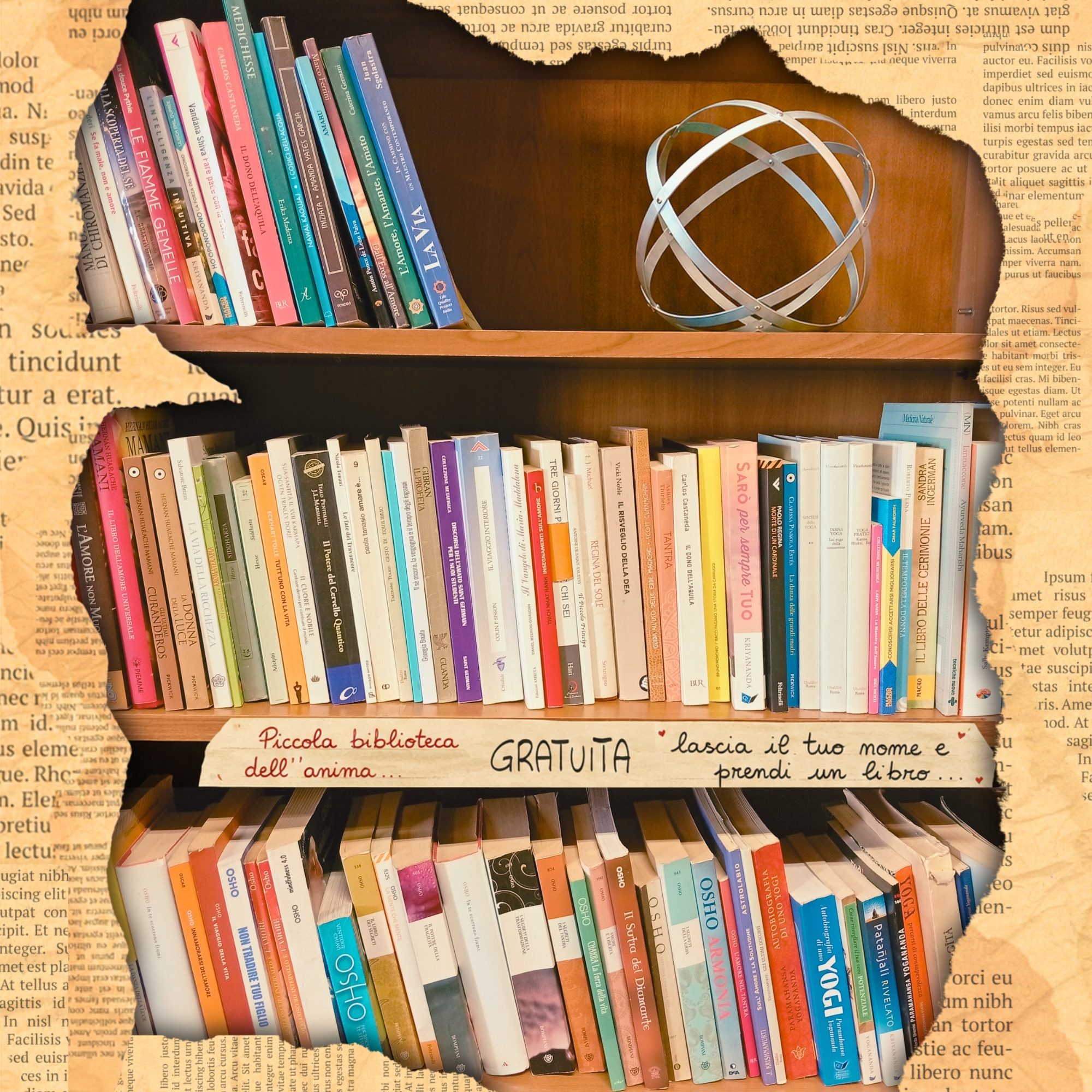 Piccola biblioteca gratuita dell'anima con scaffali di libri colorati